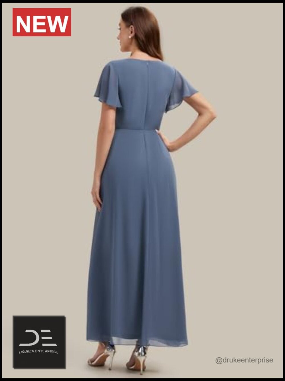 V-Neck Short Sleeve Chiffon Maxi A-Line Formal Dress with Ruffle Trim - Picture 2 of 5